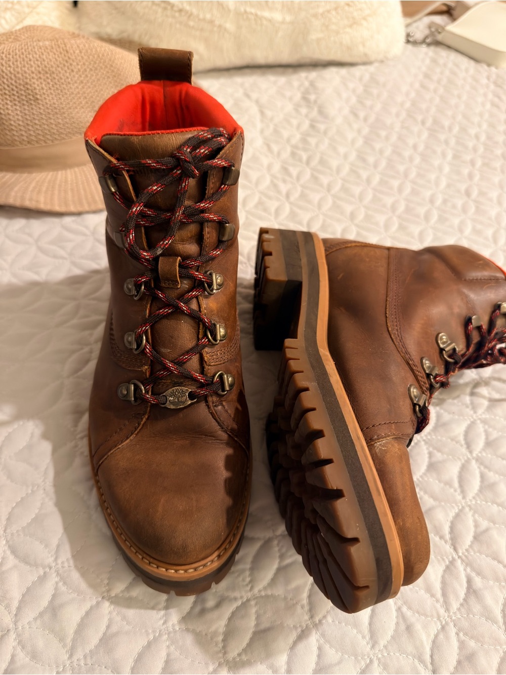 Timberland Brown Leather Boots with Red Accents